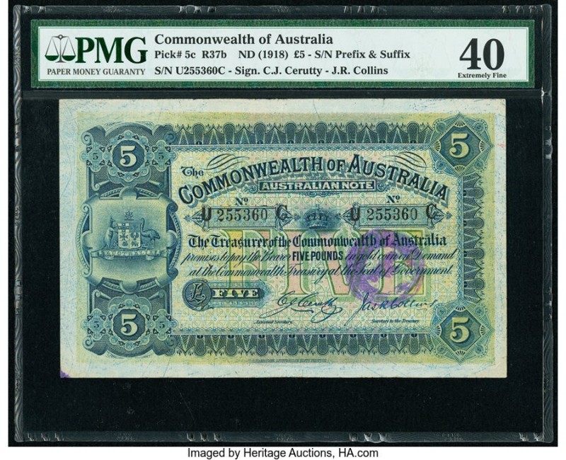 Australia Commonwealth of Australia 5 Pounds ND (1918) Pick 5c R37b PMG Extremel...