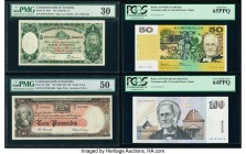 Australia Group of 4 PMG and PCGS Graded Notes. 1 Pound ND (1933-38) Pick 22 R28 PMG Very Fine 30; 10 Pounds ND (1954-59) Pick 32 R62 PMG About Uncirc...