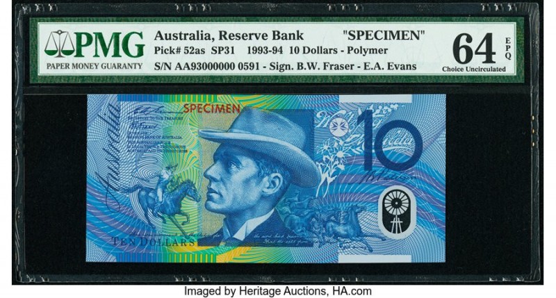 Australia Reserve Bank 10 Dollars 1993-94 Pick 52as SP31 Specimen PMG Choice Unc...