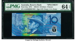 Australia Reserve Bank 10 Dollars 1993-94 Pick 52as SP31 Specimen PMG Choice Uncirculated 64 EPQ. A simply pretty type, and very rare in Specimen form...