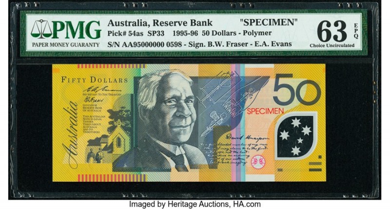 Australia Reserve Bank 50 Dollars 1995-96 Pick 54as SP33 Specimen PMG Choice Unc...