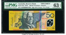 Australia Reserve Bank 50 Dollars 1995-96 Pick 54as SP33 Specimen PMG Choice Uncirculated 63 EPQ. A rarely seen modern Specimen, created for the 1995 ...