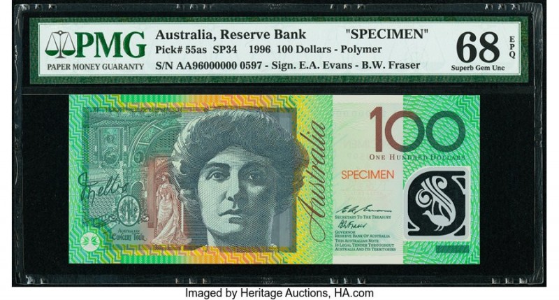 Australia Reserve Bank 100 Dollars 1996 Pick 55as SP34 Specimen PMG Superb Gem U...