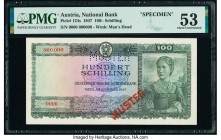 Austria Austrian National Bank 100 Schilling 2.1.1947 Pick 124s Specimen PMG About Uncirculated 53. A handsome postwar banknote, seen here in Specimen...