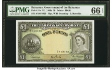 Bahamas Bahamas Government 1 Pound 1936 (ND 1954) Pick 15b PMG Gem Uncirculated 66 EPQ. A scarce, pack fresh £1, this note features the second signatu...