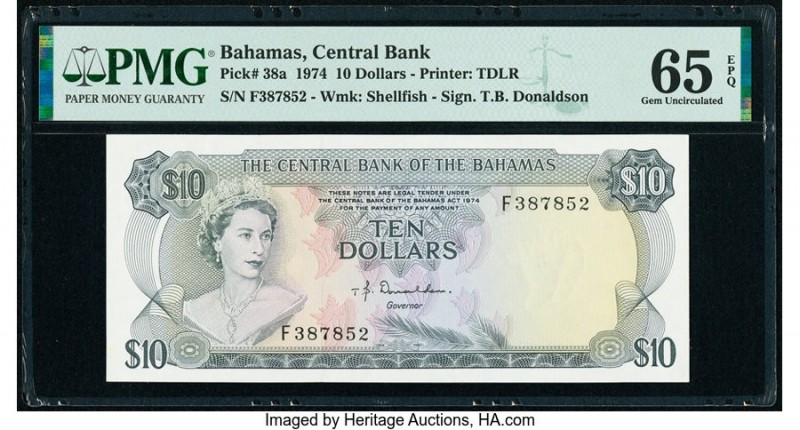 Bahamas Central Bank 10 Dollars 1974 Pick 38a PMG Gem Uncirculated 65 EPQ. The C...