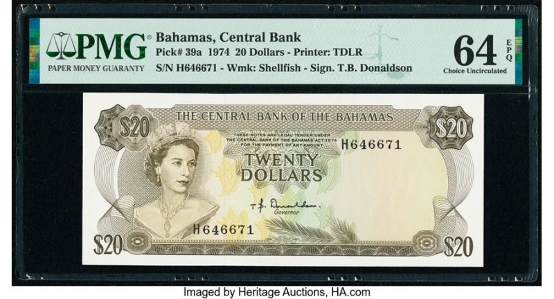 Bahamas Central Bank 20 Dollars 1974 Pick 39a PMG Choice Uncirculated 64 EPQ. Th...