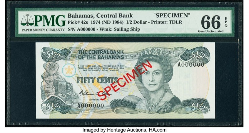 Bahamas Central Bank 1/2 Dollar 1974 (ND 1984) Pick 42s Specimen PMG Gem Uncircu...