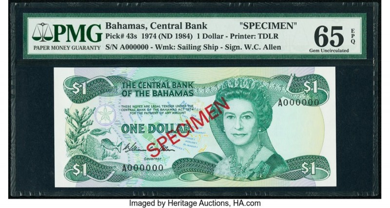 Bahamas Central Bank 1 Dollar 1974 (ND 1984) Pick 43s Specimen PMG Gem Uncircula...