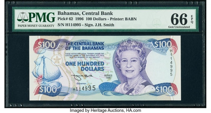 Bahamas Central Bank 100 Dollars 1996 Pick 62 PMG Gem Uncirculated 66 EPQ. A des...