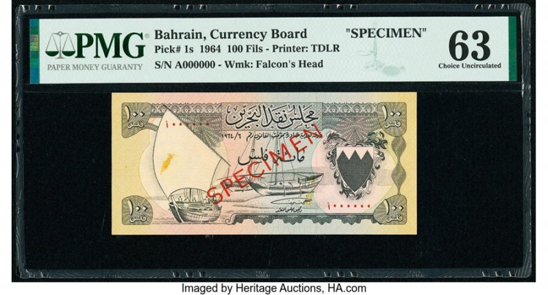 Bahrain Currency Board 100 Fils 1964 Pick 1s Specimen PMG Choice Uncirculated 63...