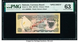 Bahrain Currency Board 100 Fils 1964 Pick 1s Specimen PMG Choice Uncirculated 63. The scarcer Specimen from the first issue for the Bahrain Currency B...