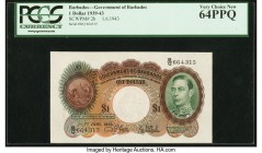Barbados Government of Barbados 1 Dollar 1.6.1943 Pick 2b PCGS Very Choice New 64PPQ. A handsome King George VI type from this iconic island, examples...