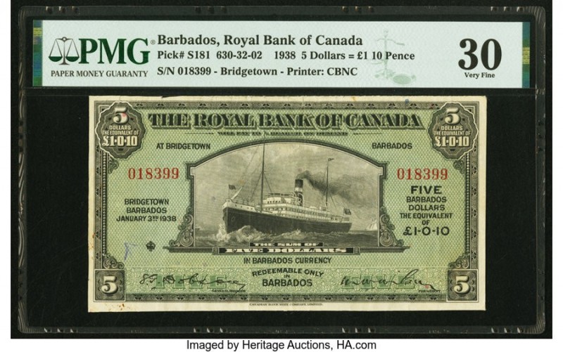 Barbados Royal Bank of Canada 5 Dollars = (£1-0-10) 3.1.1938 Pick S181 Ch.# 630-...
