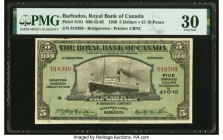Barbados Royal Bank of Canada 5 Dollars = (£1-0-10) 3.1.1938 Pick S181 Ch.# 630-30-02 PMG Very Fine 30. Private issues predated Government notes for B...