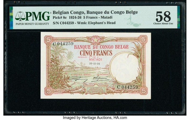 Belgian Congo Banque du Congo Belge, Matadi 5 Francs 26.12.1924 Pick 8c PMG Choi...