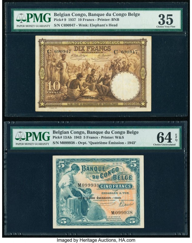 Belgian Congo Banque du Congo Belge 10; 5 Francs 1937; 1943 Pick 9; 13Ab Two Exa...