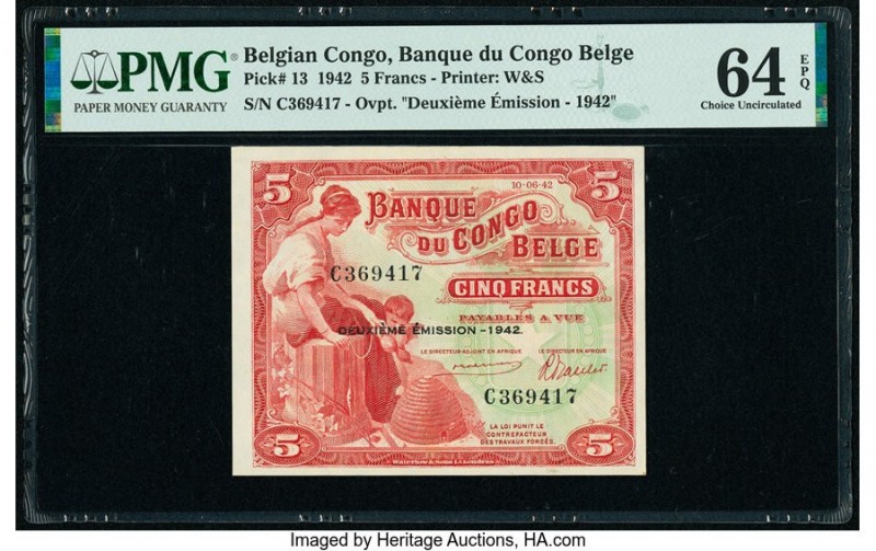 Belgian Congo Banque du Congo Belge 5 Francs 10.6.1942 Pick 13 PMG Choice Uncirc...