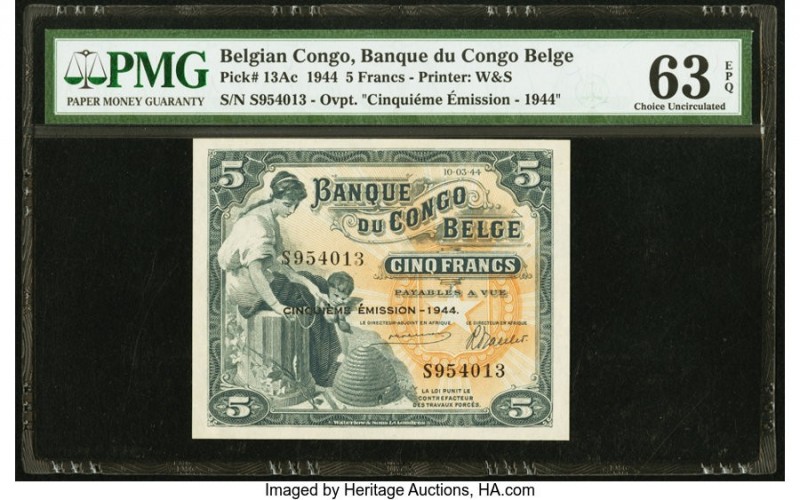 Belgian Congo Banque du Congo Belge 5 Francs 10.03.1944 Pick 13Ac PMG Choice Unc...