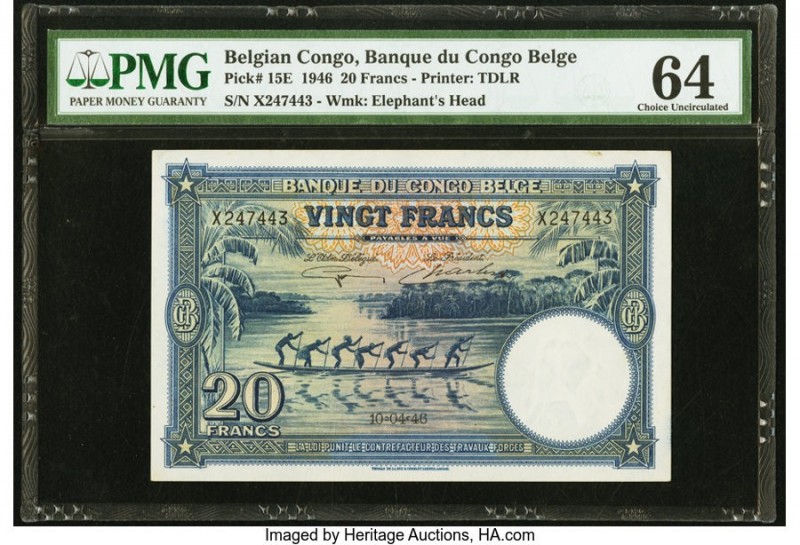 Belgian Congo Banque du Congo Belge 20 Francs 10.04.1946 Pick 15E PMG Choice Unc...