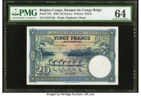 Belgian Congo Banque du Congo Belge 20 Francs 10.04.1946 Pick 15E PMG Choice Uncirculated 64. Handsome Congolese are seen on both sides of this note a...