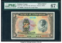 Belgian Congo Banque du Congo Belge 50 Francs ND (1941-52) Pick 16s Specimen PMG Superb Gem Unc 67 EPQ. A high grade and eye-appealing, multicolored S...