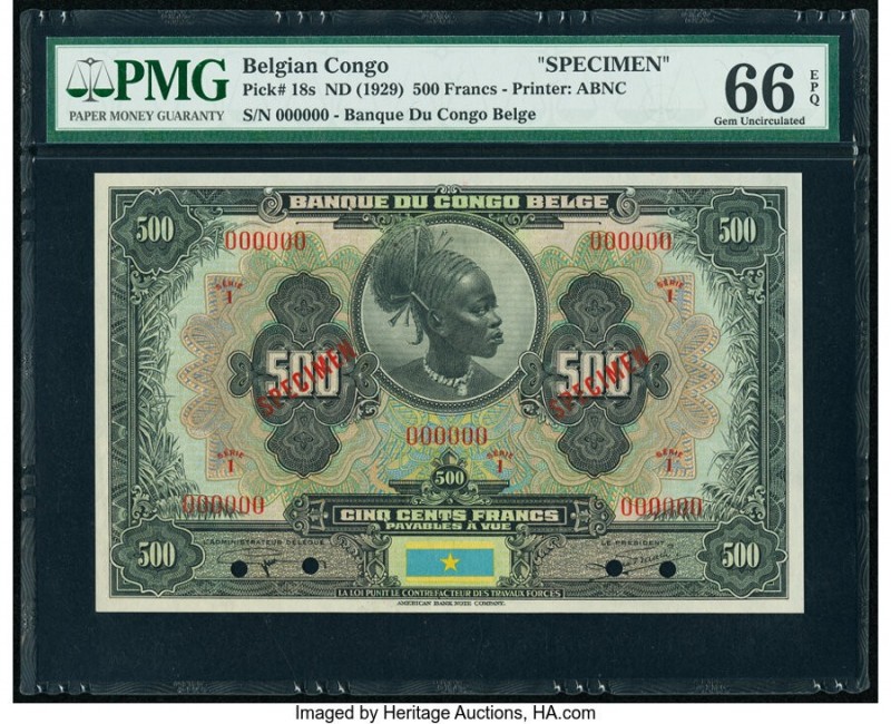 Belgian Congo Banque du Congo Belge 500 Francs ND (1929) Pick 18s Specimen PMG G...