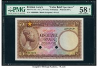 Belgian Congo Banque Centrale du Congo Belge 50 Francs ND (1953-55) Pick 27cts Color Trial Specimen PMG Choice About Unc 58 EPQ. A lovely Bradbury, Wi...