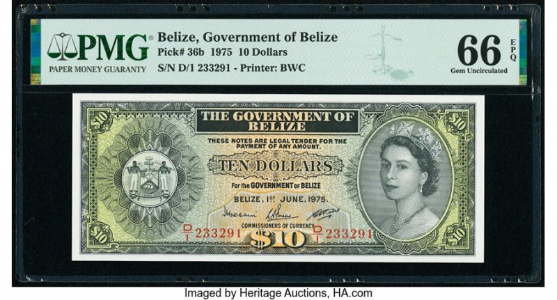 Belize Government of Belize 10 Dollars 1.6.1975 Pick 36b PMG Gem Uncirculated 66...