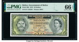 Belize Government of Belize 10 Dollars 1.6.1975 Pick 36b PMG Gem Uncirculated 66 EPQ. As the second highest denomination, this banknote is very desira...