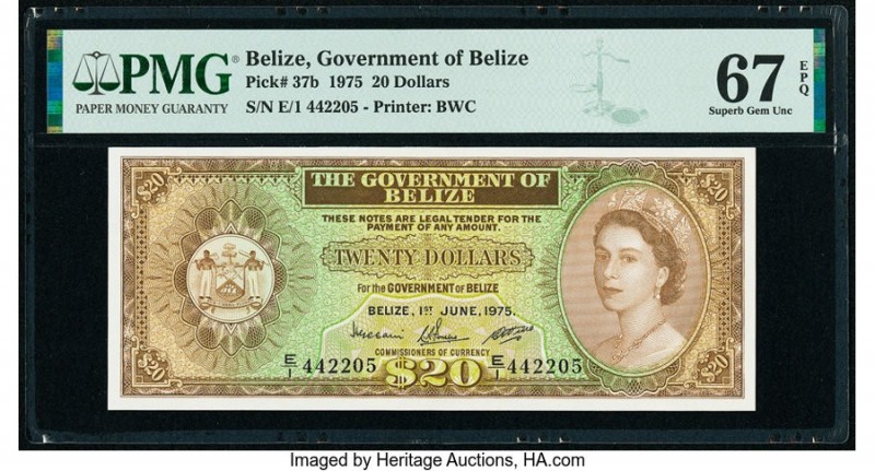 Belize Government of Belize 20 Dollars 1.6.1975 Pick 37b PMG Superb Gem Unc 67 E...