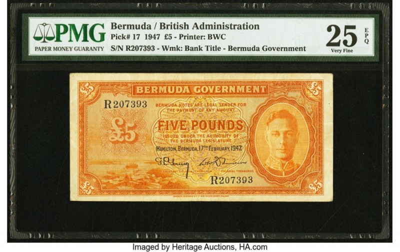 Bermuda Bermuda Government 5 Pounds 17.2.1947 Pick 17 PMG Very Fine 25 EPQ. A ra...