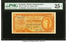 Bermuda Bermuda Government 5 Pounds 17.2.1947 Pick 17 PMG Very Fine 25 EPQ. A rare type, with only 350,000 notes printed. The variety of prefixes were...
