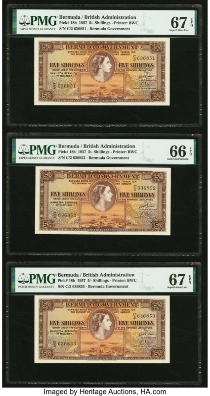 Bermuda Bermuda Government 5 Shillings 1.5.1957 Pick 18b Three Consecutive Examp...