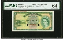 Bermuda Bermuda Government 1 Pound ND (1952-66) Pick 20cts Color Trial Specimen PMG Choice Uncirculated 64. Experimental green hues are seen on this t...