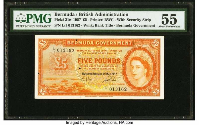 Bermuda Bermuda Government 5 Pounds 1.5.1957 Pick 21c PMG About Uncirculated 55....