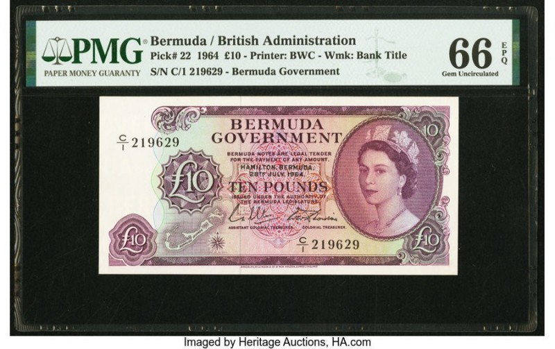 Bermuda Bermuda Government 10 Pounds 28.7.1964 Pick 22 PMG Gem Uncirculated 66 E...