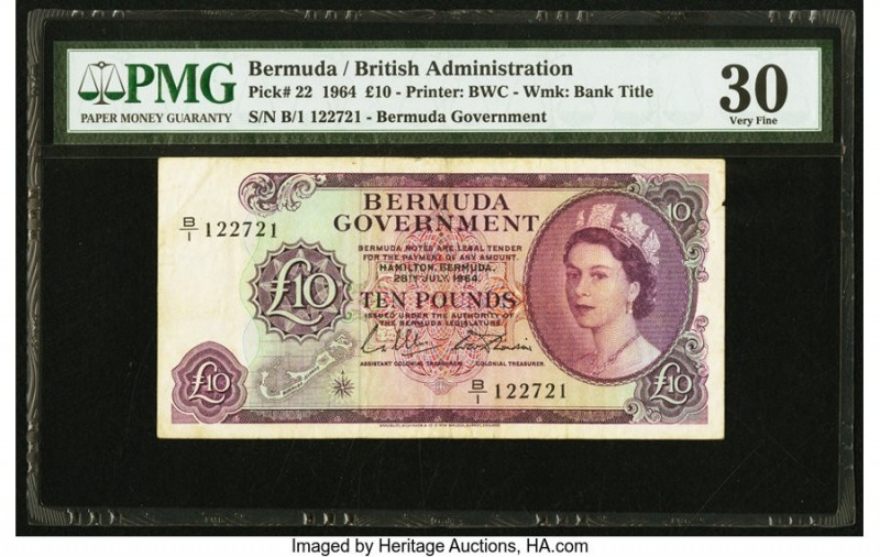 Bermuda Bermuda Government 10 Pounds 28.7.1964 Pick 22 PMG Very Fine 30. A clear...