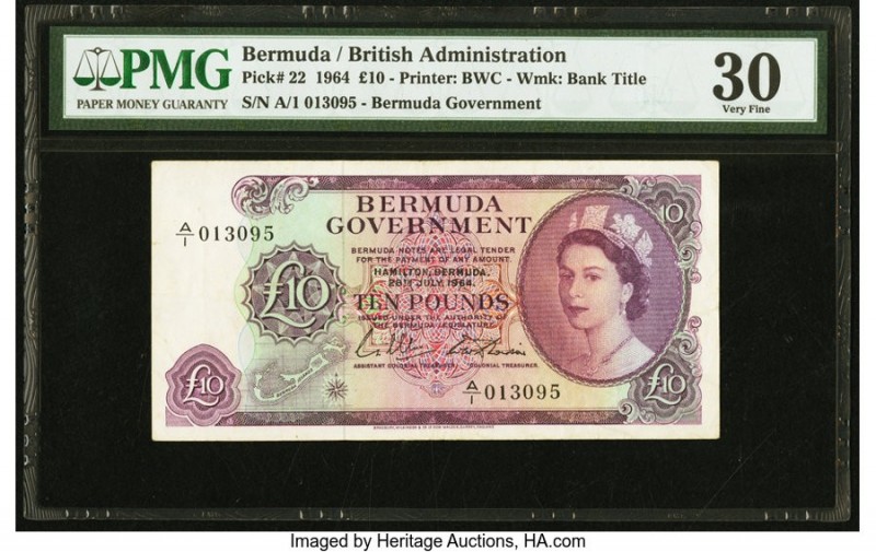 Bermuda Bermuda Government 10 Pounds 28.7.1964 Pick 22 PMG Very Fine 30. The £10...