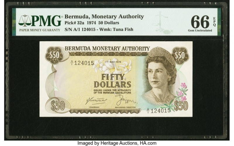 Bermuda Monetary Authority 50 Dollars 1.5.1974 Pick 32a PMG Gem Uncirculated 66 ...