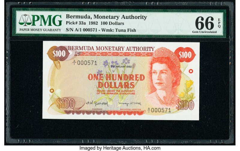 Bermuda Monetary Authority 100 Dollars 2.1.1982 Pick 33a PMG Gem Uncirculated 66...