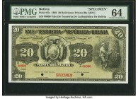 Bolivia Tesoreria de la Republica 20 Bolivianos 29.11.1902 Pick 95s Specimen PMG Choice Uncirculated 64. Olive hues are seen on both sides of this lar...