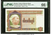 Burma Union of Burma Bank 50 Kyats ND (1979) Pick 60 PMG Gem Uncirculated 66 EPQ. As the final banknote issued from the 1970s series, it appears that ...
