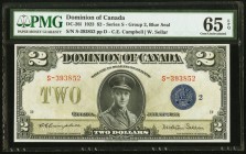 Canada Dominion of Canada $2 23.6.1923 Pick 34i DC-26i PMG Gem Uncirculated 65 EPQ. An always desirable denomination, this note, issued before the cre...