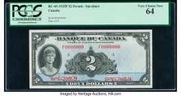 Canada Bank of Canada $2 "French" 1935 BC-4S Specimen PCGS Very Choice New 64. A highly desirable Specimen, this example features the French text of "...