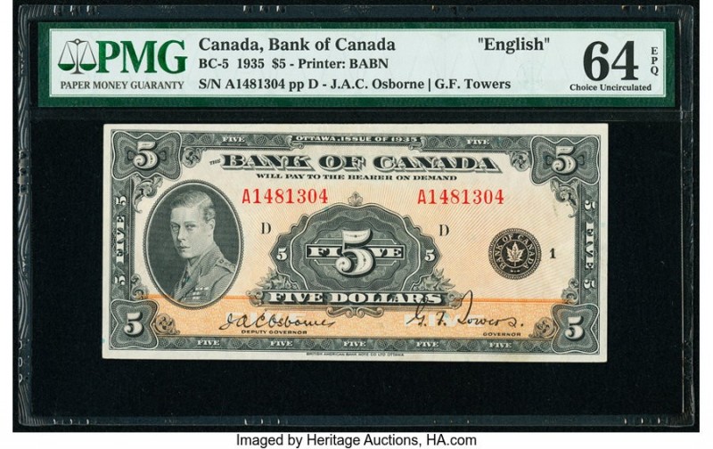 Canada Bank of Canada $5 1935 Pick 42 BC-5 PMG Choice Uncirculated 64 EPQ. A fam...