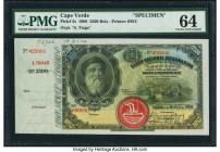 Cape Verde Banco Nacional Ultramarino 2500 Reis 1.3.1909 Pick 5s Specimen PMG Choice Uncirculated 64. Bold colors and excellent embossing remain on th...