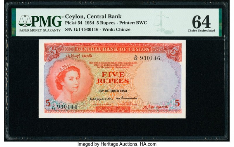 Ceylon Central Bank of Ceylon 5 Rupees 16.10.1954 Pick 54 PMG Choice Uncirculate...