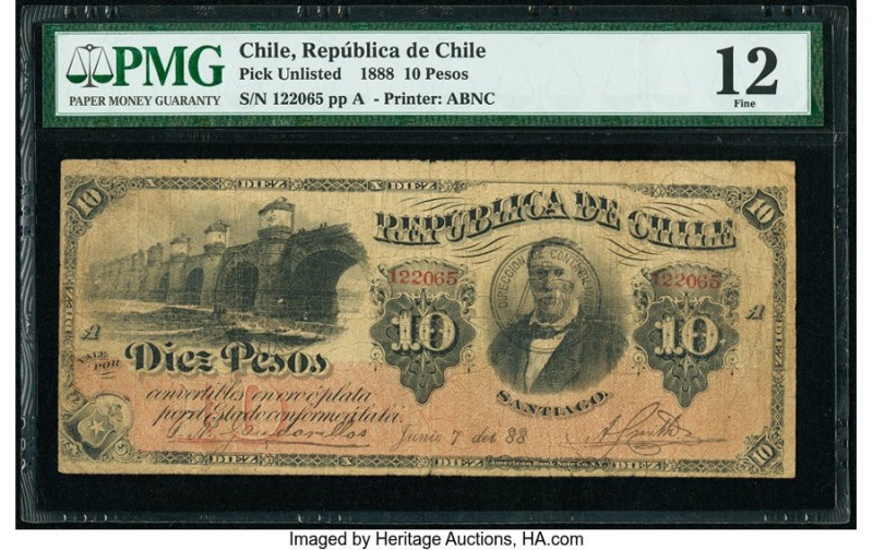 Chile Republica de Chile 10 Pesos 7.6.1888 Pick Unlisted PMG Fine 12. An incredi...