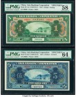 China Asia Banking Corporation 1; 5 Dollars 1918 Pick S111s2; S112s3 Two Specimen PMG Choice About Unc 58; Choice Uncirculated 64. A pretty pair of Sp...